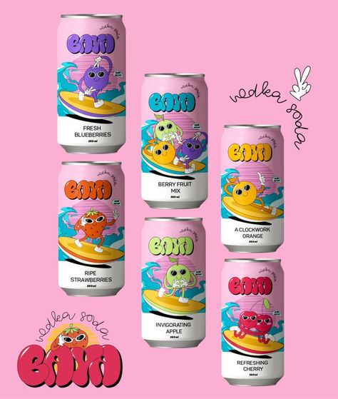 Vodka Soda – Packaging Of The World Soda Character Design, Soda Graphic Design, Soda Can Packaging, Soda Can Design Packaging, Soda Branding Design, Soda Bottle Design, Soda Logo Design, A Font Logo, Soda Packaging Design