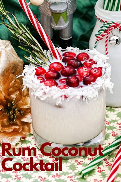 Coconut milk, rum, cranberries and rosemary combine for a delicious creamy drink. A Christmas party drink recipe. Easy to turn into a Christmas mocktail or enjoy this spiked coconut rum drink while entertaining. Coconut Rum Shots, Coconut Rum Martini, Coconut Christmas Drink, Rum Holiday Cocktails, Mixed Drinks With Rum, Christmas Party Drink Recipes, Alcoholic Drinks Rum, Rum Based Cocktails, Drinks With Rum