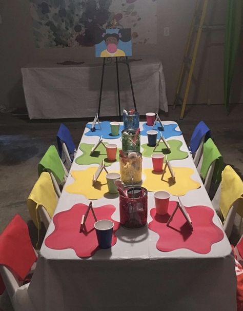 Paint Party Table Decorations, Paint Party Decor, Art Party Theme, Display Student Work, Kids Art Table, Mickey Mouse Birthday Theme, Painting Station, 2nd Birthday Party For Boys, Masterpieces Painting