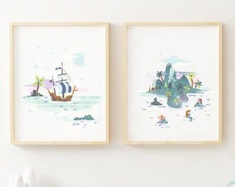 Mermaid nursery decor | Etsy Peter Pan Decor, Disney Baby Nurseries, Mermaid Nursery Decor, Neverland Nursery, Peter Pan Art, Peter Pan Nursery, Mermaid Nursery, Disney Nursery, Neverland Art