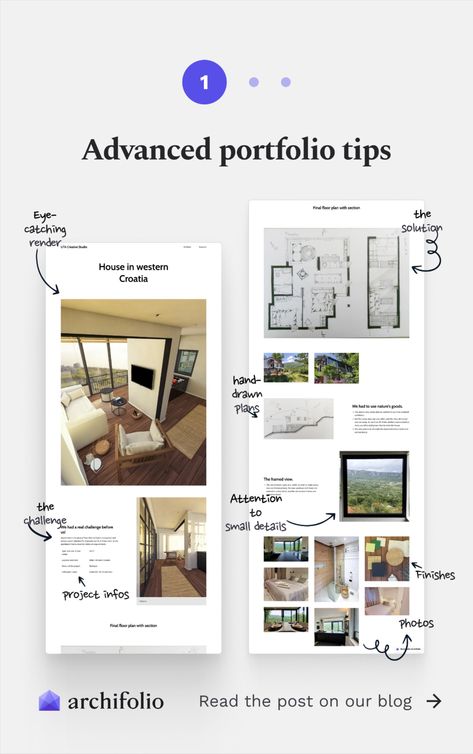 Creating a lasting impression with your portfolio is why you create one in the first place. Being memorable even after just a quick look into your work is what gets you that job you really want. But in such a competitive industry, how do you make an interior design portfolio that *actually* stands out? We’ve collected 5 tips to impress any recruiter and create a one-of-a-kind and unforgettable portfolio. Check it out on the Archifolio blog! How To Create Portfolio, Interior Design Job Portfolio, How To Make A Portfolio, Interior Design Portfolio Student, Interior Portfolio Layout, Creative Portfolio Design Layout, Interior Design Portfolio Examples, Concept Artist Portfolio, Online Portfolio Design