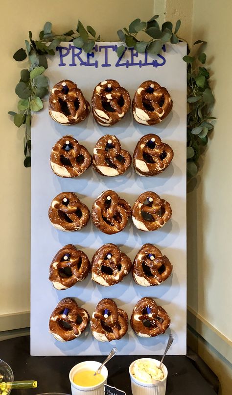 Pretzel Board Display, Diy Pretzel Stand, Pretzel Bar Ideas, Pretzel Board, Salty Bar, Octoberfest Party, Bavarian Pretzel, Resident Events, Nikki Baby