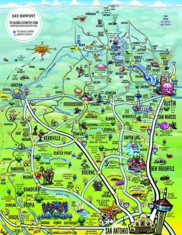 This cartoon-style map from TexasHillCountry.com captures all the beauty and character of this popular Texas travel destination. Helotes was added to the map in August 2015. Photo: Texashillcountry.com Cartoon Map, Texas Adventure, Texas Places, Texas Vacations, Texas Roadtrip, Texas Hills, State Of Texas, Texas History, Country Maps