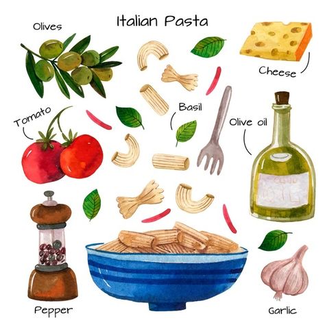 Pasta Watercolor Illustration, Pasta Illustration Graphics, Pesto Illustration, Watercolor Pasta, Pasta Watercolor, Italian Food Illustration, Pasta Spagetti, Pasta Painting, Pasta Drawing