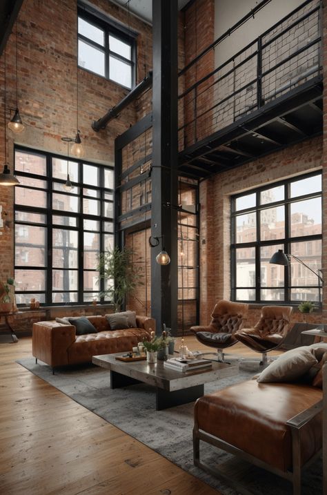 Industrial Loft Office Design, Soho Loft Apartment, Industrial Home Library, Old Meets New Interior Design, Brick Building Interior, Warehouse Workspace, Warehouse Interior Design, Modern Warehouse Design, Industrial Lobby