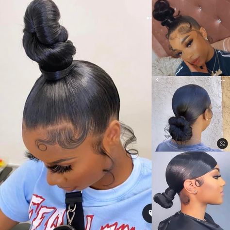 Top Knot Bun African American, Too Knot Bun Black Women, Top Knot Bun How To, Sleek Top Knot Bun, Top Bun Hairstyles For Black Women, Ballroom Competition Hair, Ninja Bun, Sleek Low Bun, Black Hair Bun