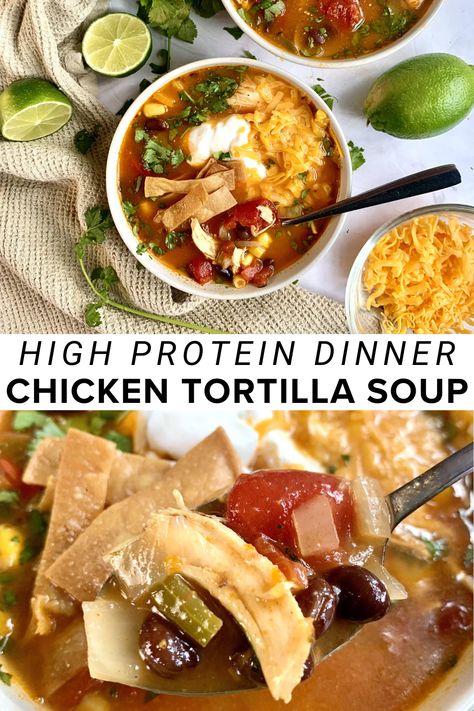 Enjoy in the rich and spicy flavours of Chicken Tortilla Soup. This fiesta in a bowl is the perfect comfort food for any occasion. Get ready for a taste explosion! 🍲🌶️ #SoupRecipe #ComfortFood # soupseason #soup #dinnerrecipe #healthydinner High Protein Chicken Tortilla Soup, Soup High Protein, Best Chicken Tortilla Soup, Chicken Tortilla Soup Crock Pot, Zesty Chicken, High Protein Dinner, Chicken Tortillas Soups Recipe, Chicken Veggies, Protein Dinner