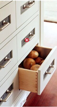 Vented Drawer Fronts for Storing Root Vegetables Produce Drawer In Kitchen, Produce Drawers Pantry, Storing Root Vegetables, House Pantry, Vegetable Drawer, Modular Kitchen Cabinets, Kitchen Furniture Storage, Pantry Drawers, Latest Kitchen Designs