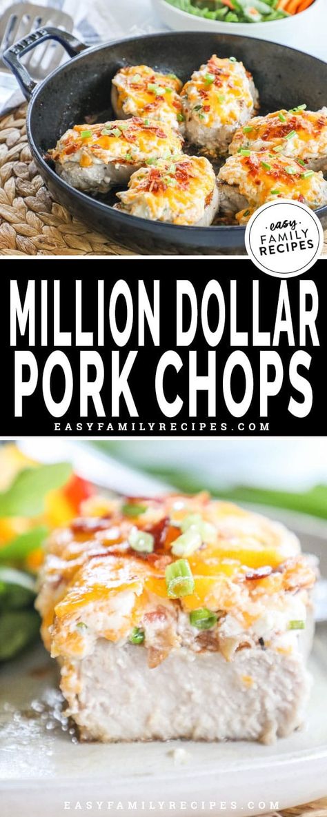 BEST Pork Chops EVER! These Million Dollar Baked Pork Chops are tender, juicy and made over the top delicious with the cheese and bacon topping! If you are looking for pork dinner ideas, you HAVE to try this pork chop recipe! Most baked pork chops are bland, but this easy dinner has so much flavor, even the kids gave it 5 stars! Best part? You only need one pan and less than 30 minutes to make this fast dinner recipe! Serve Million Dollar Pork Chops with a side salad or green veggie for a wholes Million Dollar Pork Chop Recipes, Pork Loin Chop Recipes Oven Baked, Pork Chop Recipes Juicy, Million Dollar Pork Chops, Baked Pork Chop Dinner Ideas, Best Pork Chops Ever, Pork Dinner Ideas, Pork Chops Boneless, Low Carb Pork Chops