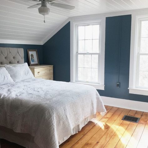 Slanted Ceiling Bedroom, Planked Ceiling, Sloped Ceiling Bedroom, Guest Bedroom Remodel, Kids Bedroom Remodel, Small Bedroom Remodel, Attic Bedroom Designs, Plank Ceiling, Blue Bedroom Decor