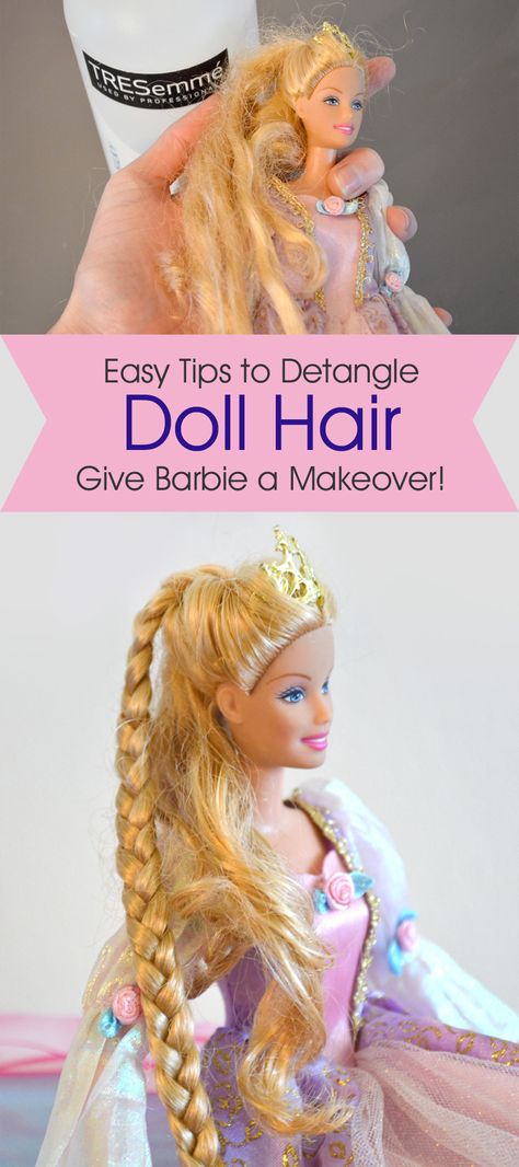 How to Detangle Doll Hair - Barbie Makeover Tips! - Create. Play. Travel. Baby Doll Hair Repair, How To Clean Barbie Dolls, How To Clean Barbie Hair, How To Detangle Barbie Doll Hair, Fix Barbie Doll Hair, How To Fix A Dolls Frizzy Hair, Fixing Barbie Hair, Detangling Doll Hair, Barbie Doll Hair Repair