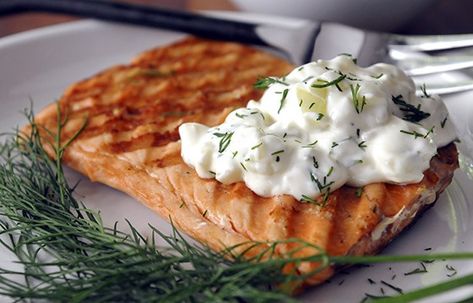 Greek Yogurt and Cucumber Sauce for Fish | Salad in a Jar Fresh Salmon Patties, Yogurt And Cucumber, Sauce For Fish, Dill Sauce For Salmon, Greek Yogurt Sauce, Cucumber Sauce, Homemade Greek Yogurt, Cucumber Yogurt, Sauce For Salmon