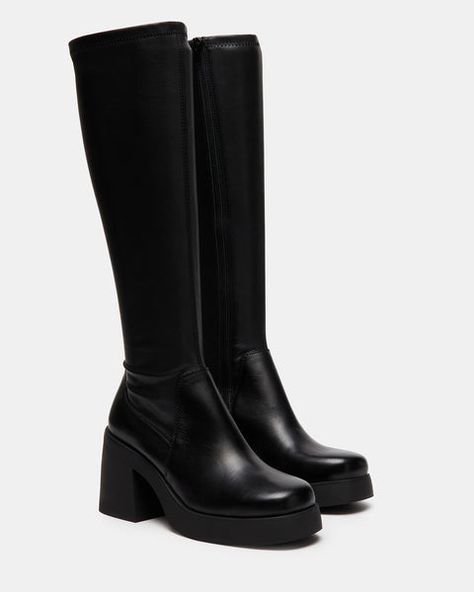 Long Black Platform Boots, Chunky Boots Steve Madden, Platform Tall Black Boots, Black Boots High Knee, Black High Top Boots, Black Leather Knee Boots, Classy Platform Heels, Black Square Toe Knee High Boots, Cute High Boots