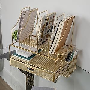 Amazon.com : Martha Stewart Ryder Gold Mesh Metal Large Desktop Organizer with Paper File Letter Holder Organizer and Drawer : Office Products