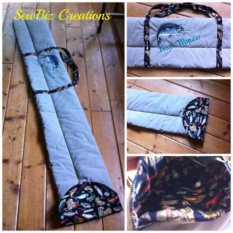 Fishing Rod Bags- these quilted soft rod bags are split to hold tip piece as well as rod/reel safely to protect the graphite tip.  Water resistant on the outside can be personalized.  Bag shown is 11x 56inches with fish patterned lining and strong canvas handles.  As shown $35.oo Visit my page to see more  www.facebook.com/MichellesSewbiz