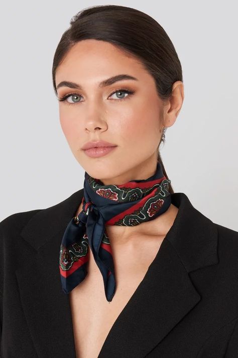 Blazer And Neck Scarf, Women’s Neck Scarf, Women Neck Scarf, Neck Scarf Styles Outfit, Women Neck Scarf Outfit, Styling A Neck Scarf, Scarf On Neck Outfit, Silk Scarf Around Neck, Silk Neck Scarf Outfit