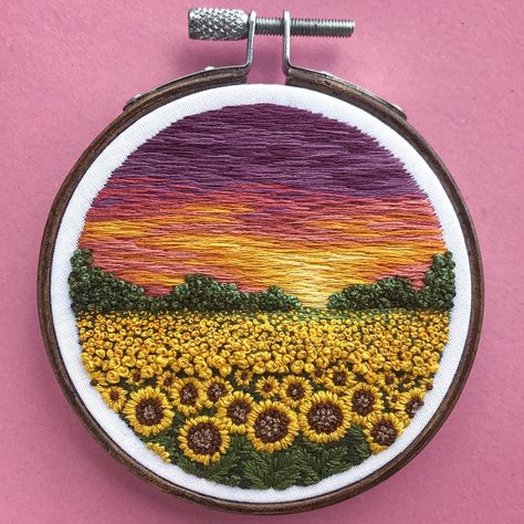 Sunflower Sunset, Abstract Embroidery, Textile Art Embroidery, Punch Needle Patterns, Hand Embroidery Projects, Embroidery Gifts, Thread Painting, Sunflower Painting, Embroidery Patterns Free