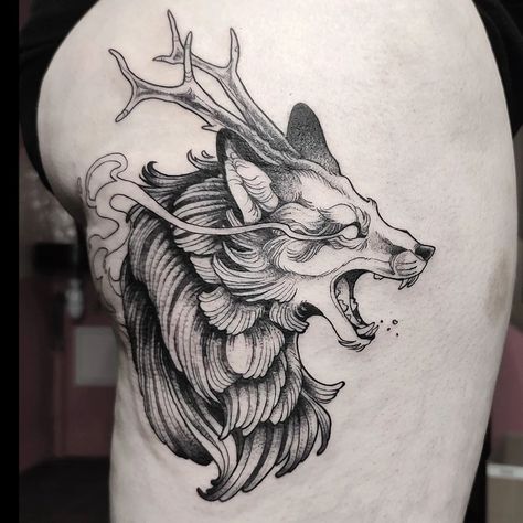 Hyena Tattoo, Fox Tattoo Design, Wolf Tattoos Men, Tier Tattoo, Wolf Tattoo Sleeve, Sharpie Tattoos, Wolf Tattoo Design, Red Ink Tattoos, Fox Tattoo