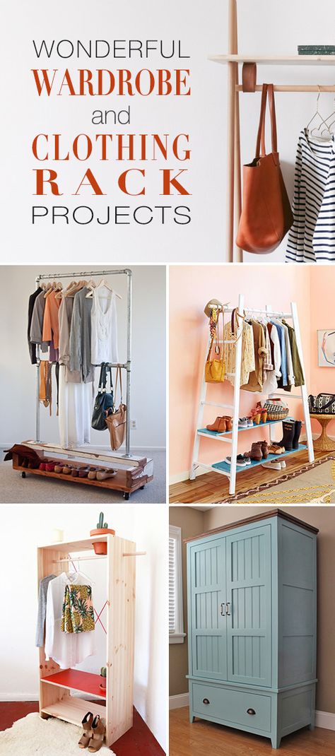 Wonderful Wardrobe & DIY Clothes Rack Projects! • Tons of amazing tutorials and ideas on wardrobes and garment racks that you can make yourself! #DIY #DIYclothingrack #DIYclothingrackprojects #DIYwardrobeprojects #clothingrackprojects #DIYhomedecor Diy Corner Clothes Rack, Home Made Clothes Rack, Portable Hanging Clothes Rack, How To Make A Clothes Rack, Diy Clothing Display Ideas, How To Hang Clothes Without A Closet, Diy Clothes Rack Easy, Diy Closet Rack, Hanging Clothes Without A Closet