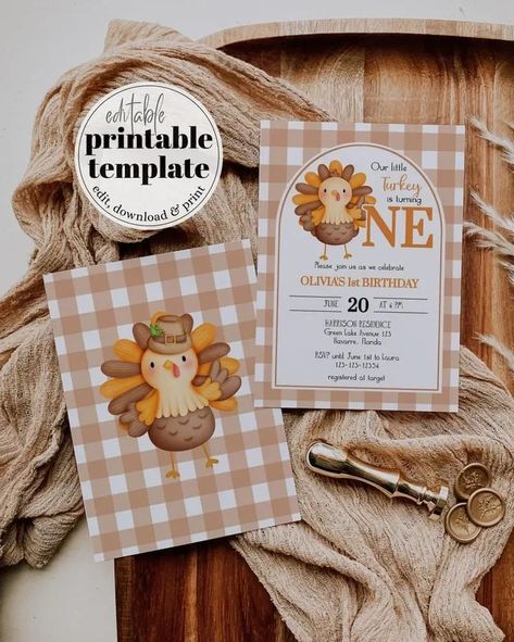 Celebrate your little turkey's 1st birthday in style with our adorable Little Turkey Birthday Invite template! Easily editable and downloadable, this gender-neutral design is perfect for fall festivities, pumpkin-themed parties, or a boho-inspired bash. Embrace the grateful, thankful, and blessed vibes with this rustic yet charming invite for a memorable first birthday suite. Don't miss out on making your fall block party extra special with our "Our Little Turkey" design - ideal for Thanksgiv... Thanksgiving 1st Birthday, November Birthday Party, 1st Birthday Boy Themes, Birthday Invite Template, Autumn Birthday, Boy Birthday Party Themes, Birthday Themes For Boys, Fall Festivities, November Birthday