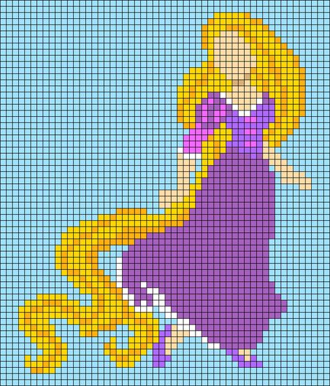 Tangled Grid Pattern, Rapunzel Alpha Pattern, Tangled Alpha Pattern, Tangled Pixel Art, Rapunzel Cross Stitch, Disney Pixel Art, Tangled Disney, Crochet Wall Art, Melty Bead Patterns