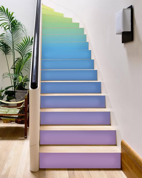 PRICES MAY VARY. Unique Decoration: FLFK's stair stickers are a creative way to transform and add personality to your stair risers, making them a focal point in your space. Easy Application: With the Peel and Stick technology, you can effortlessly revamp your stairs. Simply peel off the backing and stick on your stair risers. Thoughtful Sizing: Our set includes 15 pieces of stair stickers, each measuring 39.3"x7.08", designed to fit most standard stair risers perfectly. Quality Materials: Our st Ombré Stairs, Peel And Stick Stair Risers, Colored Stairs, Yellow Bedroom Paint, Colorful Stairs, Rainbow Stairs, Rainbow Interior, Painted Floorboards, Stair Art