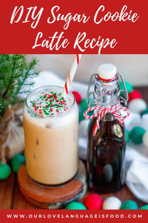 The best DIY sugar cookie latte recipe! Wonderful hot or iced, this delicious seasonal coffee is made with an at-home version of the Starbucks sugar cookie syrup, espresso, milk of choice, and festive Christmas sprinkles! Christmas Coffee Syrup Recipe, Sugar Cookie Coffee Syrup, Christmas Espresso Drinks, Christmas Coffee Syrup, Christmas Latte Ideas, Christmas Latte Recipes, Starbucks Sugar Cookie Syrup, Christmas Lattes, Sugar Cookie Latte Recipe