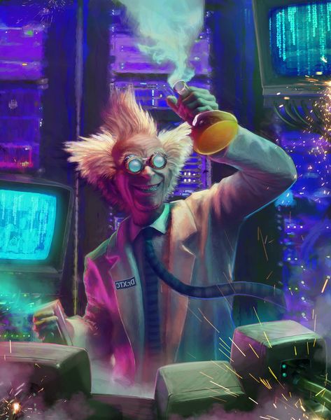 ArtStation - Mad Scientist & A.I Concept, David Edwards Mad Scientist Aesthetic, Scientist Aesthetic, Scientist Cartoon, Mad Scientist Lab, Crazy Scientist, Chemistry Art, Evil Genius, Science Party, Flyer Ideas