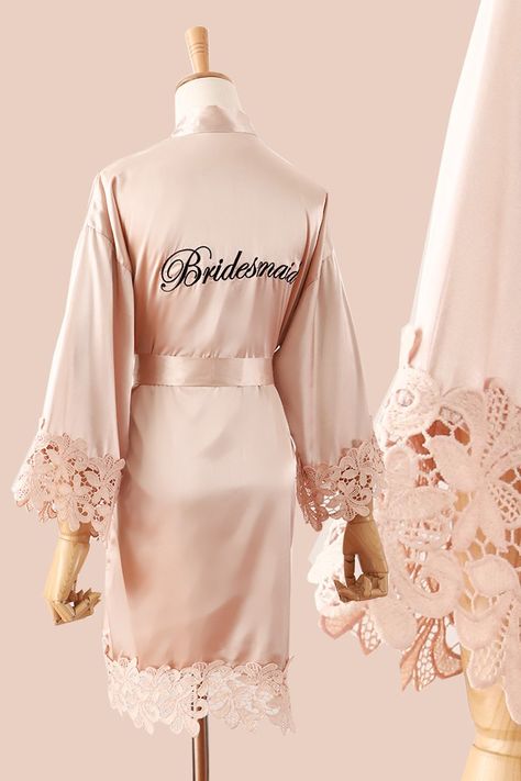 Elegant Lace Bride's Robe, Long Pink Robe For Wedding Night, Bathrobe Bridesmaid, Bride Bathrobe, Bride Kimono, Personalized Bride Robe, Bridesmaid Bathrobe, Shower Dress For Bride, Satin Dressing Gown