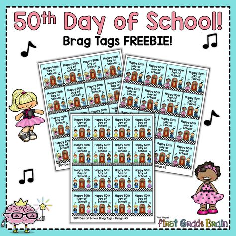 FREE 50th day of school brag tags! In both color and black and white! 50 Day Of School Activities, 50th Day Of School Kindergarten Dress Up, 50th Day Of School Activities Preschool, 50 Days Of School Ideas Kindergarten, 50th Day Of School Room Transformation, Preschool 50th Day Of School, 50th Day Of School Kindergarten, 50th Day Of School Activities, 50 Days Of School