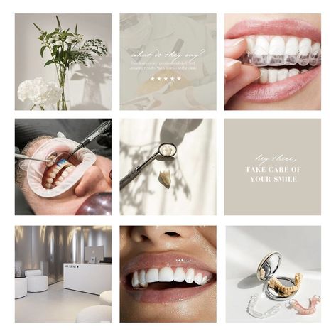 Dental Clinic Moodboard Inspiration Dental Clinic Instagram Design, Dental Office Instagram Feed, Dentistry Social Media, Dental Clinic Marketing Ideas, Dental Clinic Photography, Dental Instagram Feed, Dental Clinic Instagram Feed, Dental Clinic Names Ideas, Dental Clinic Aesthetic