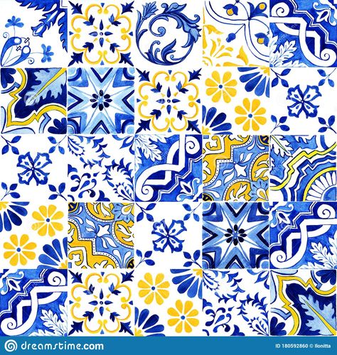 Italian Tiles Pattern, Culture Artwork, Tile Decoration, Portuguese Azulejos, Yellow Artwork, Italian Pattern, Pottery Lessons, Mediterranean Tile, Portuguese Tile