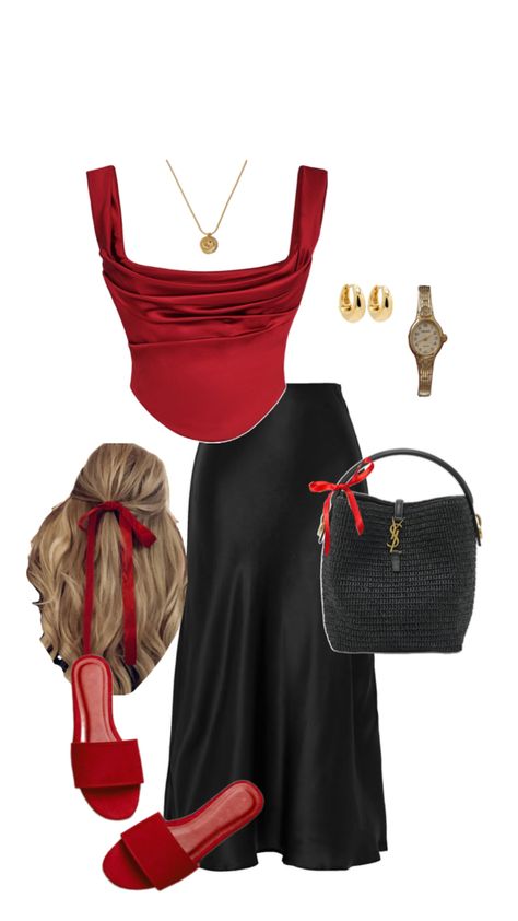 Black skirt - red outfit - ribbon - hair ribbon - red Bordeaux Outfit Summer, Red And Black Casual Outfit Ideas, Red Skirt Outfit Summer, Red Top Black Skirt, Red Black Outfit, Red Top Outfit, Queen Outfit, Outfit Red, Elegante Casual