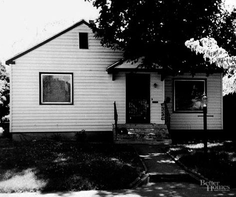 Before: Boxy and Blah Exterior House Makeover, Minimal Traditional Home, Yellow Siding, Sloped Front Yard, Minimal Traditional, Ranch Houses, Small House Exteriors, Yard Makeover, Exterior House Remodel