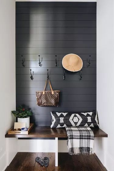 Shiplap Hallway Ideas and Inspiration | Hunker Shiplap Hallway, Black Shiplap, Transitional Laundry Room, Mudroom Decor, Shiplap Wall, Shiplap Accent Wall, Mudroom Design, Bench Designs, Mudroom Bench