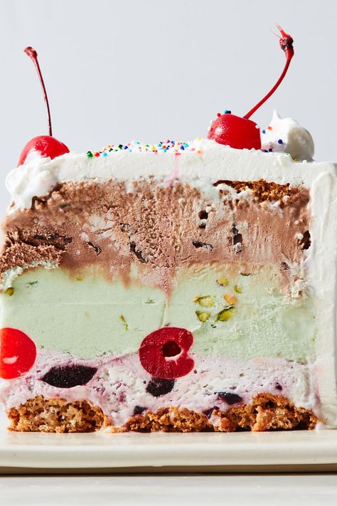 Spumoni Ice Cream Cake Recipe - NYT Cooking Spumoni Ice Cream Cake Recipe, Spumoni Ice Cream, Cake Cooking, Cherry Ice Cream, Ice Cream Cake Recipe, Pistachio Ice Cream, American Desserts, Nyt Cooking, A Piece Of Cake