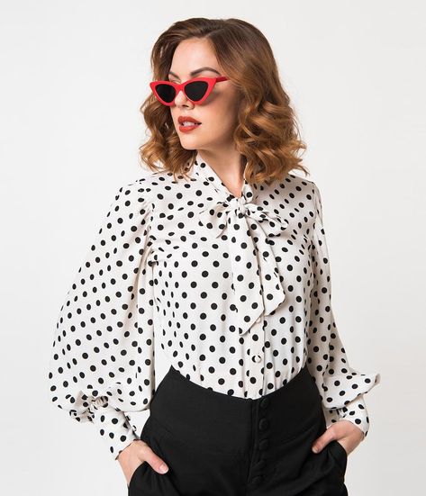 Unique Vintage White & Black Polka Dot Crepe Neck Tie Gwen Blouse How To Style Vintage Shirts, 40s Blouse, Patch Dress, Gala Dresses, Polka Dot Blouse, Vintage Glamour, Business Casual Outfits, Black Polka Dot, Cardigan Tops