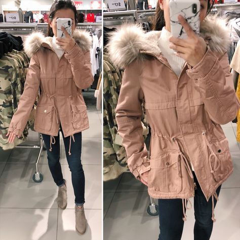 rose pink utility army jacket petite parka Parka Jackets, Womens Parka Coats, Pink Parka Outfit, Pink Jacket Winter, Parka Coat Outfit, Indian Western Dress, Parka Jacket Outfit, Pink Parka, Black Utility Jacket