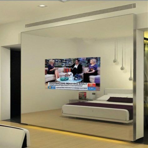 Tv Behind Mirror, Tv Mirror, Led Light Mirror, Black And White Tiles Bathroom, Two Way Mirror, Mirror Tv, Hidden Tv, Black Rooms, Bathroom Mirror Frame