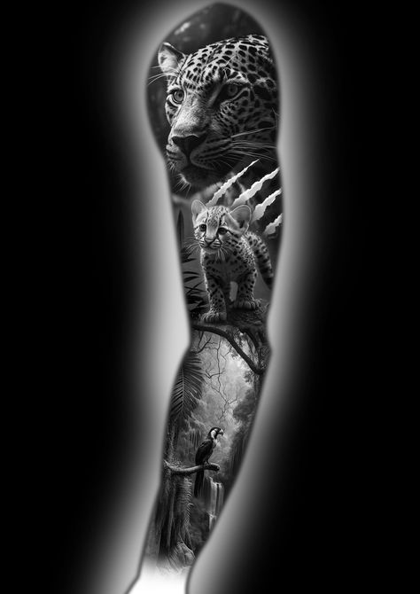 Jungle Animal Tattoos Sleeve, Rainforest Tattoo Sleeve Black, Animal Full Sleeve Tattoo, Jungle Arm Sleeve Tattoo, African Jungle Tattoo, Jaguar Sleeve Tattoo, Animal Arm Sleeve Tattoo, Rainforest Tattoo Ideas, Jungle Leg Tattoo