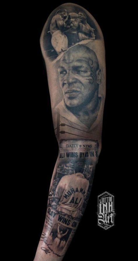 Boxing Sleeve Tattoo, Mike Tyson Tattoo Ideas, Mike Tyson Tattoo Design, Mohammed Ali Tattoo, Boxing Tattoo Ideas For Men, Muhammad Ali Tattoo, Tyson Tattoo, Mike Tyson Tattoo, Rocky Tattoo