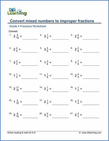 Grade 4 Math Worksheets: Convert mixed numbers to improper fractions | K5 Learning Improper Fractions Worksheet, Converting Mixed Numbers To Improper, Fractions Worksheets Grade 5, Mixed Fractions Worksheets, Mixed Numbers To Improper Fractions, Improper Fractions To Mixed Numbers, Grade 5 Math Worksheets, Mixed Fractions, Converting Fractions