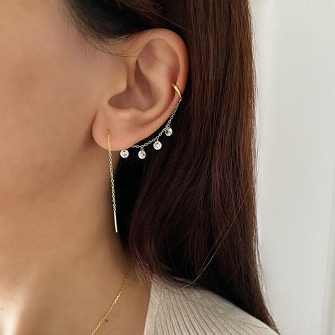 14K Gold Plated Dangle Chain Earrings Gold Ear Cuff Chain Sterling Silver Chain Earring CZ Dangle Hoop Chain Christmas Gift for Her - Etsy Gold Thread Earrings, Chain Earrings Gold, Country Necklace, Ear Cuff Chain, Summer Game, Silver Chain Earrings, Chain Earring, Mini Earrings, Gold Ear Cuff