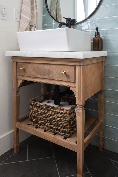 I scored this $30 vintage sewing table off facebook marketplace and turned it into my bathroom vanity! I restained it, added a shelf, updated the hardware to these classic gold knobs, and added a marble counter and modern vessel sink with a black faucet. #vintagevanity #halfbathroom #powderbathroom #mixedmetals #bathroomideas #DIYbathroom Diy Sink Vanity, Vintage Bathroom Sink, Modern Vessel Sink, Sink Options, Vintage Sewing Table, Small Bathroom Vanity, Vintage Sink, Unique Bathroom Vanity, Bathroom Vanity With Sink