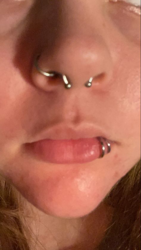 Its a nose, lip and septum piercing Septum And Piercing Nose, Septum And Lip Piercing Together, Septum With Nose Ring, Nose Piercing Stud And Septum, Mouth Piercings Lips, Septum And Lip Piercing, Septum Piercing With Nose Ring, Septum And Nose Ring, Nose Ring And Septum