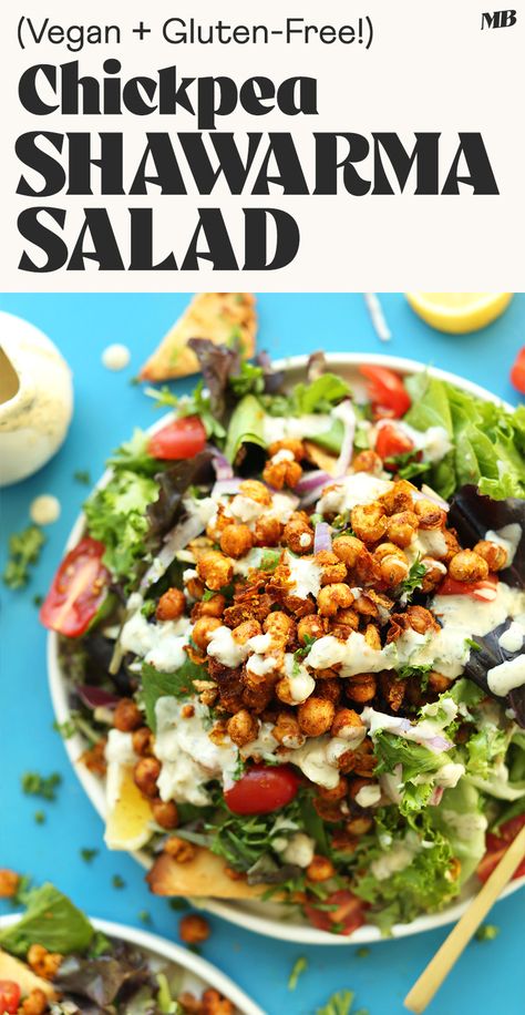 All of the flavor of a Middle Eastern-inspired chickpea shawarma sandwich, but in salad form! Shawarma-spiced chickpeas, fresh greens, and a creamy, 4-ingredient garlic dill sauce! A flavorful, filling, plant-based meal. Garlic Dill Sauce, Chickpea Shawarma, Shawarma Sandwich, Shawarma Salad, High Blood Pressure Diet Meals, Spiced Chickpeas, Middle Eastern Dishes, Minimalist Baker, Dill Sauce