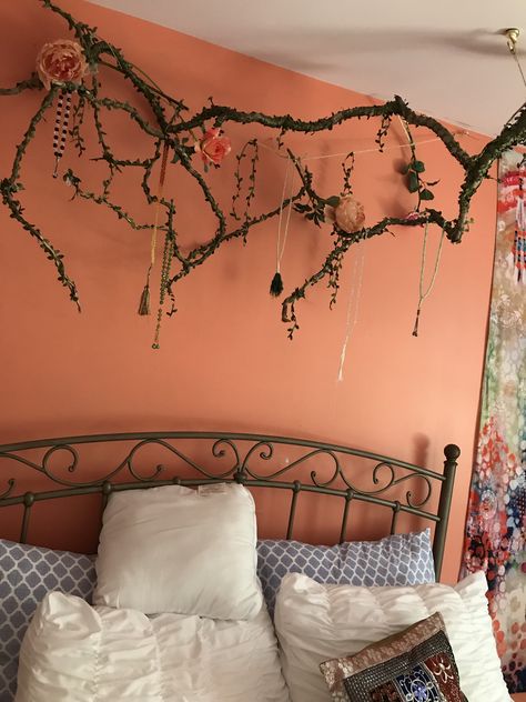 Bedroom decor, willow tree branch headboard Branch Decor Bedroom, Forest Ceiling Bedroom, Tree Branch Headboard, Branches In Bedroom, Woodsy Wall Decor, Cottagecore Headboard, Diy Willow Tree, Branch Headboard, Elven Bedroom