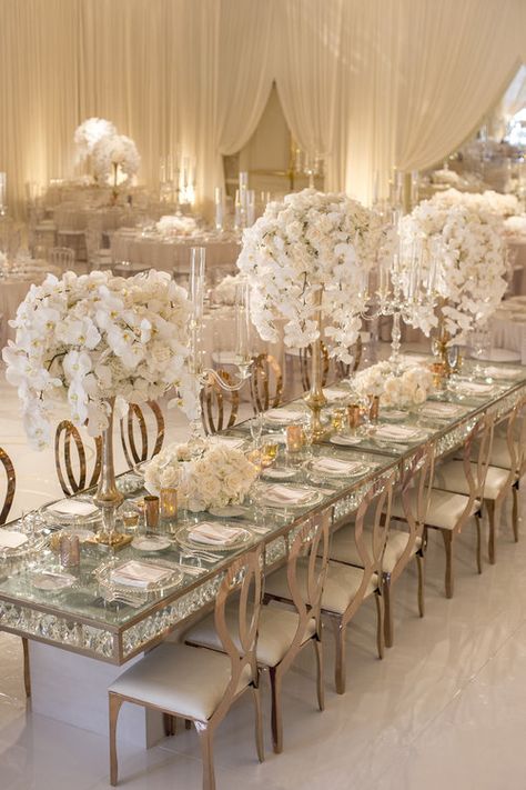 Four Seasons Wedding Inspiration — Eddie Zaratsian Lifestyle & Design Rustic Wedding Decorations, All White Wedding, Wedding Decor Elegant, Long Table, White Gold Wedding, Wedding Table Centerpieces, Wedding Cake Designs, Wedding Board, Wedding Reception Decorations