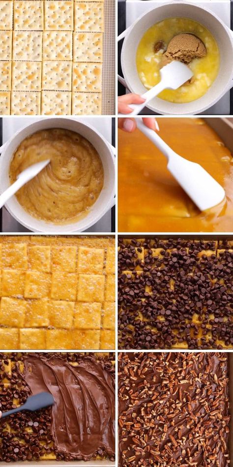 Saltine Toffee Collage Easy Saltine Cracker Candy, Carmel Cracker Bars, Carmel Cracker Chocolate, Saltine Dessert, Saltine Cracker Dessert, Christmas Crackers Recipe Saltine Toffee, Caramel Crackers, Toffee Crackers, Toffee Christmas