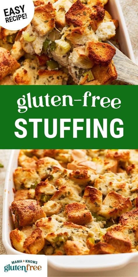 This is an easy and delicious savory gluten-free stuffing recipe. This classic stuffing recipe will complete any meal. Perfect for Thanksgiving or any holiday meal! The recipe is also dairy-free. Easy Thanksgiving Gluten Free Desserts Recipes, Thanksgiving Sides Gf Df, Healthy Stuffing Recipes Clean Eating, Paleo Stuffing Thanksgiving, Low Fodmap Stuffing, Gluten Free Dairy Free Comfort Food, Organic Stuffing Recipe, Quick Dinner Ideas Gluten Free, Easy Gf Df Dinner Recipes